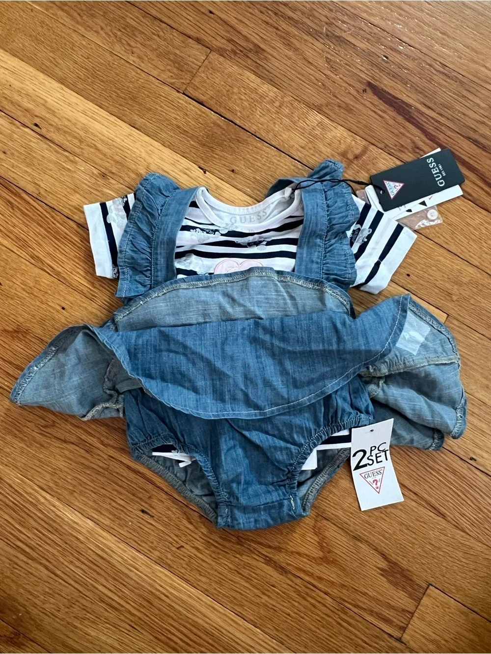 Guess Girls Denim Ruffle Overall Skirt with Navy & White Stripe Tee